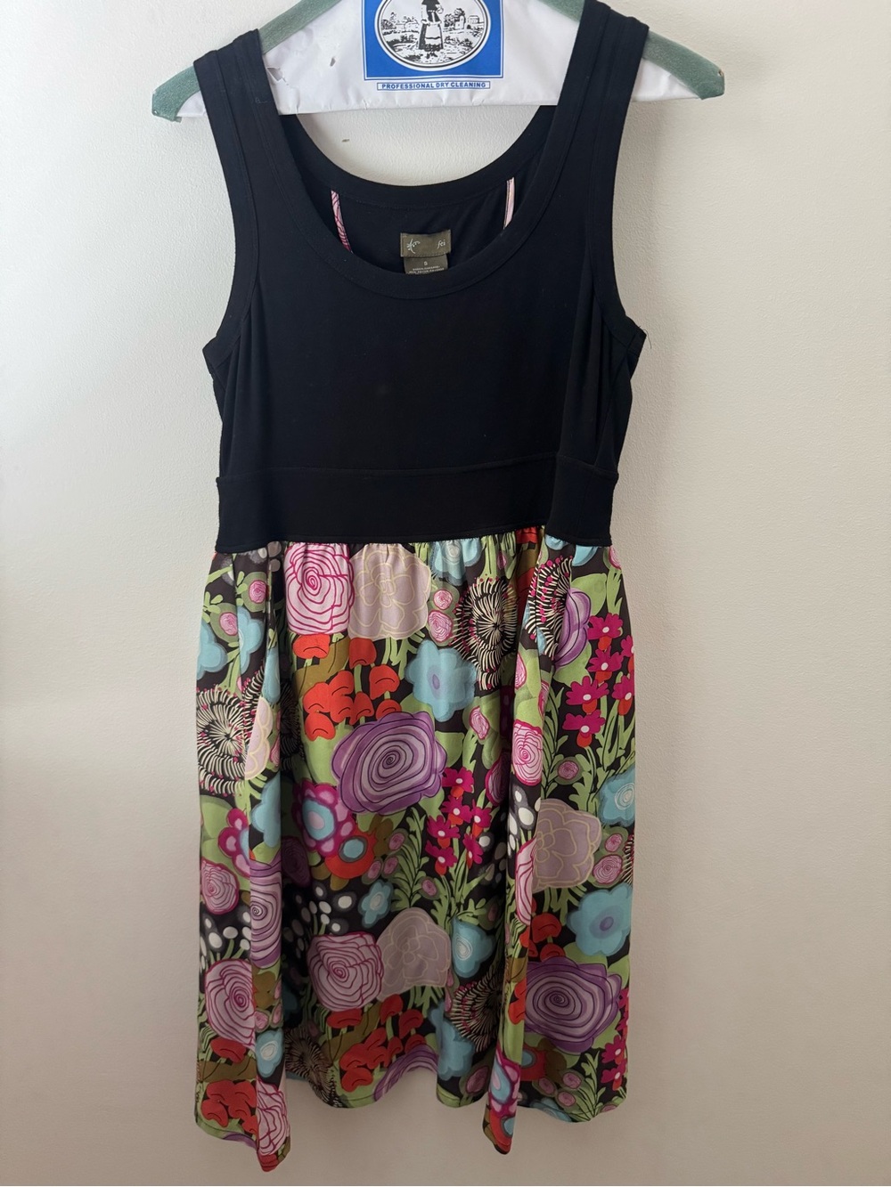 Anthropologie Fei Black Tank Top Dress with Multicolor Floral Skirt Size Small